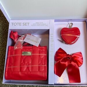 Madden Girl Tote Set Mini Tote Heart Pouch Bow Clip Red Hearts NWT